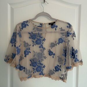 Forever 21 Sheer Cream Top with Blue Floral Embroidery